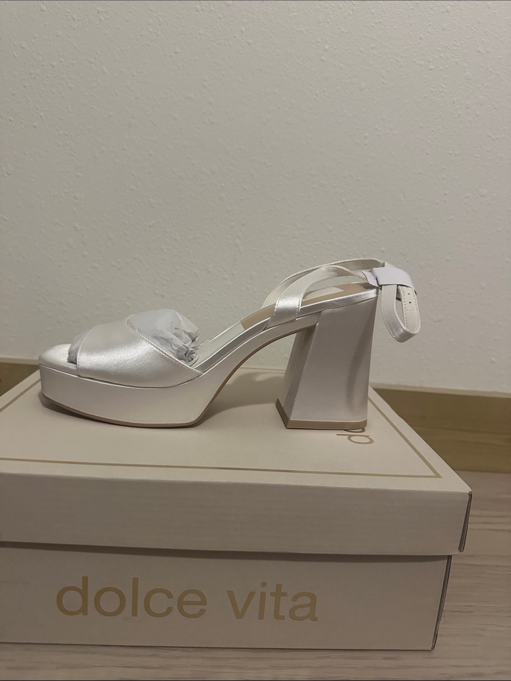 Dolce Vita Felicia Satin White Platform Block Heel Sandals